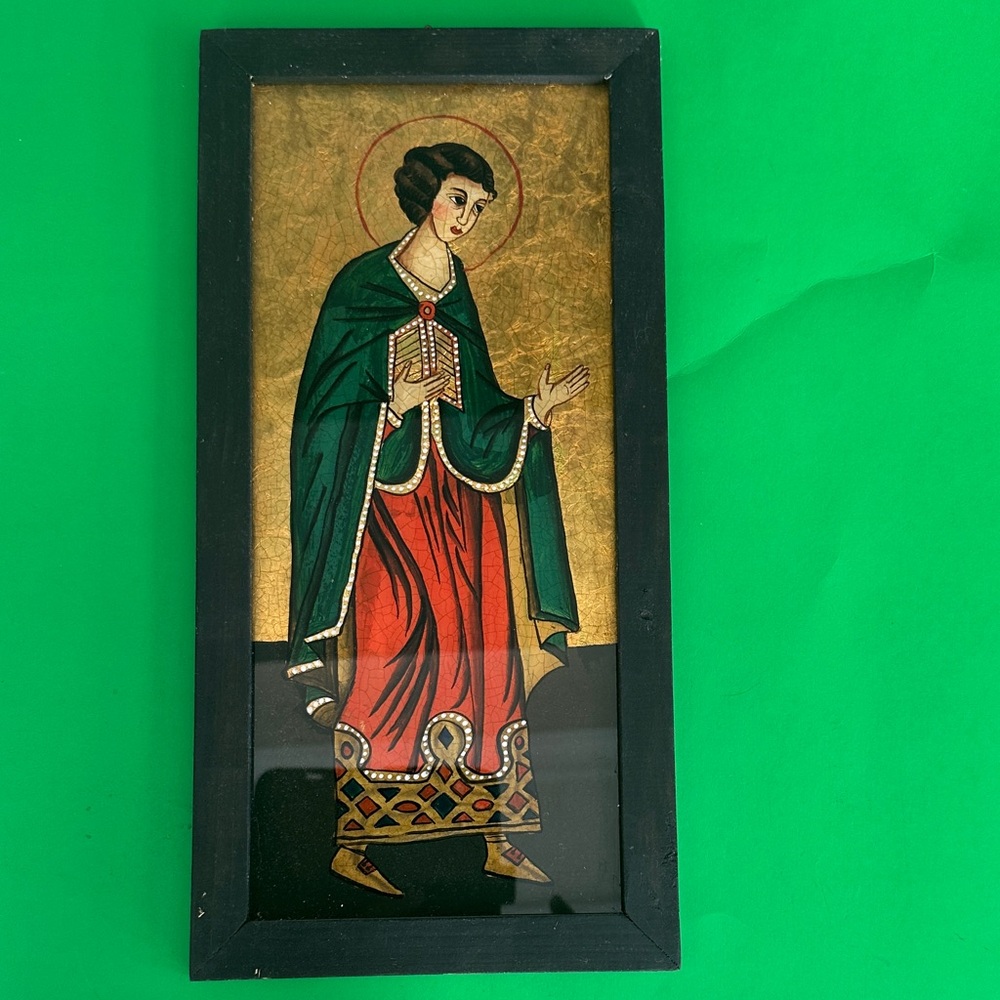 Framed Religious Icon Art with Gold foil and Red Accents made in Germany